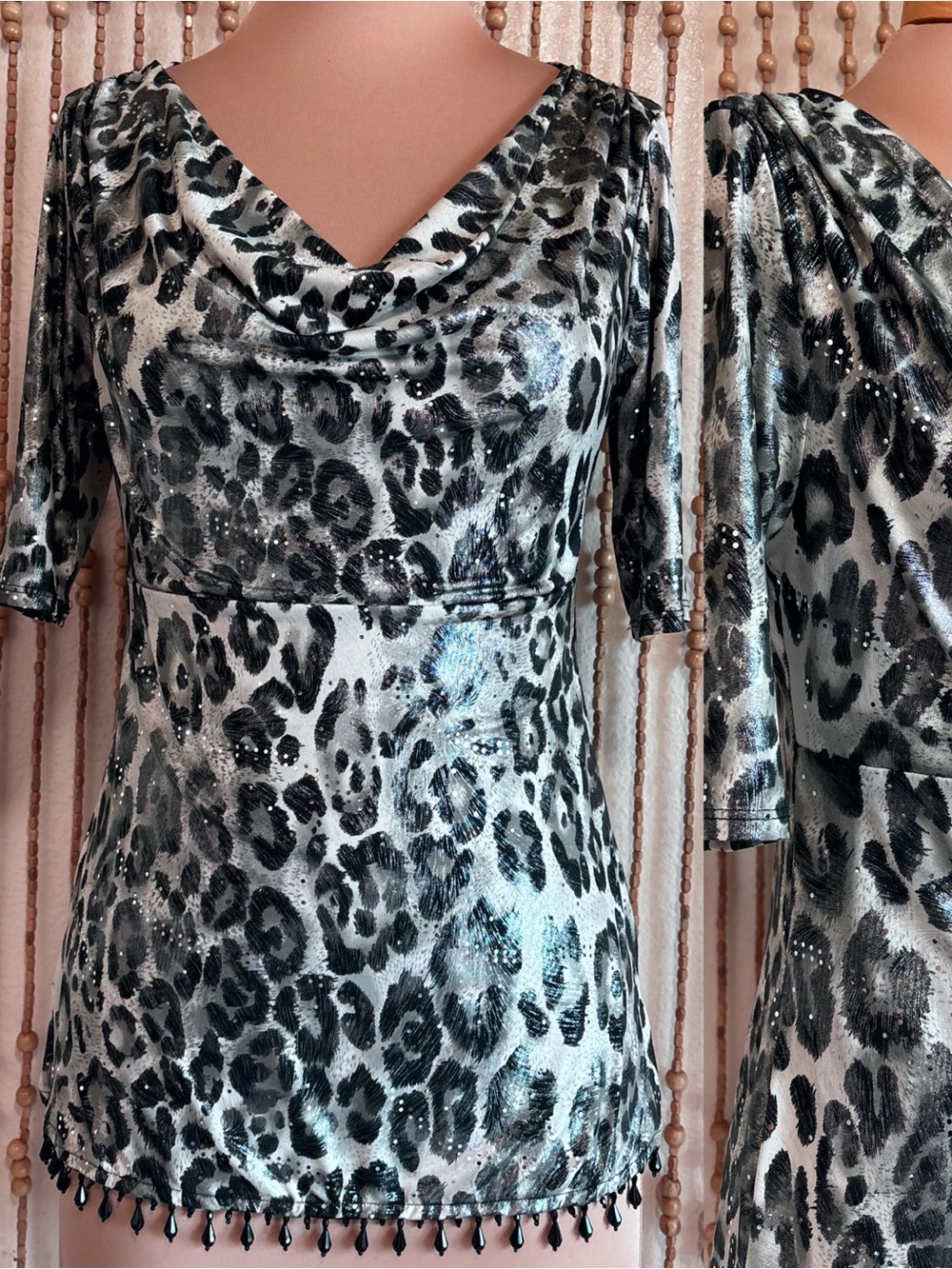 Vintage Y2K MSK Cheetah Animal Print Cowl Neck Beaded Hem Stretchy Blouse Top